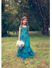 Teal Lace Chiffon V Back Bohemian Ruffle Flower Girl Dress